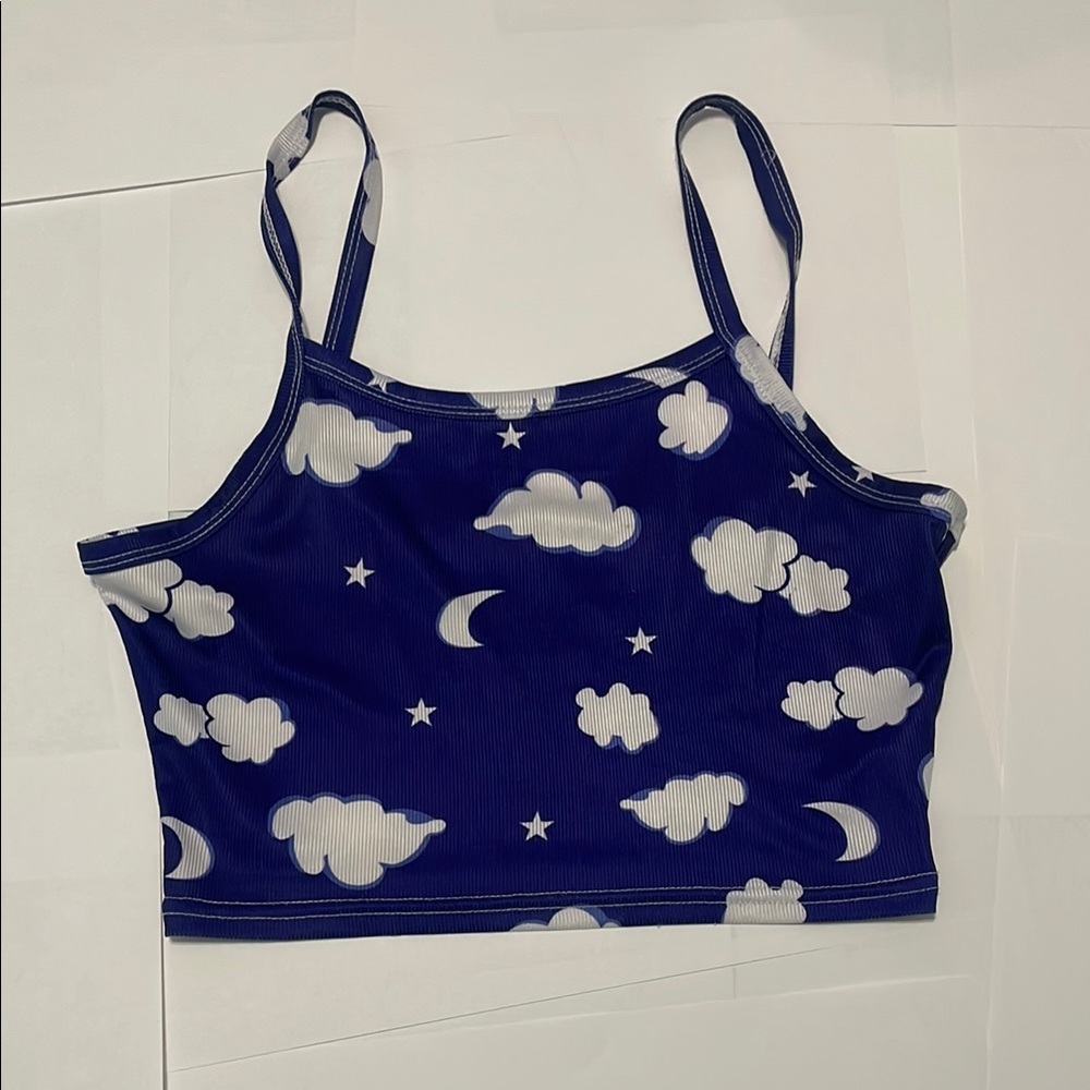Blue Cloud and Moon Print Crop Top